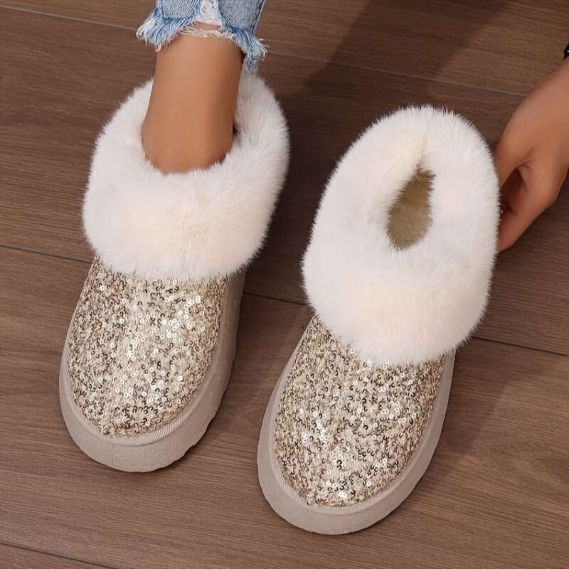 Women's Sequins Decor Platform Short Fashion Slip On Plush ed Boots, Comfortable Winter Ankle Boots