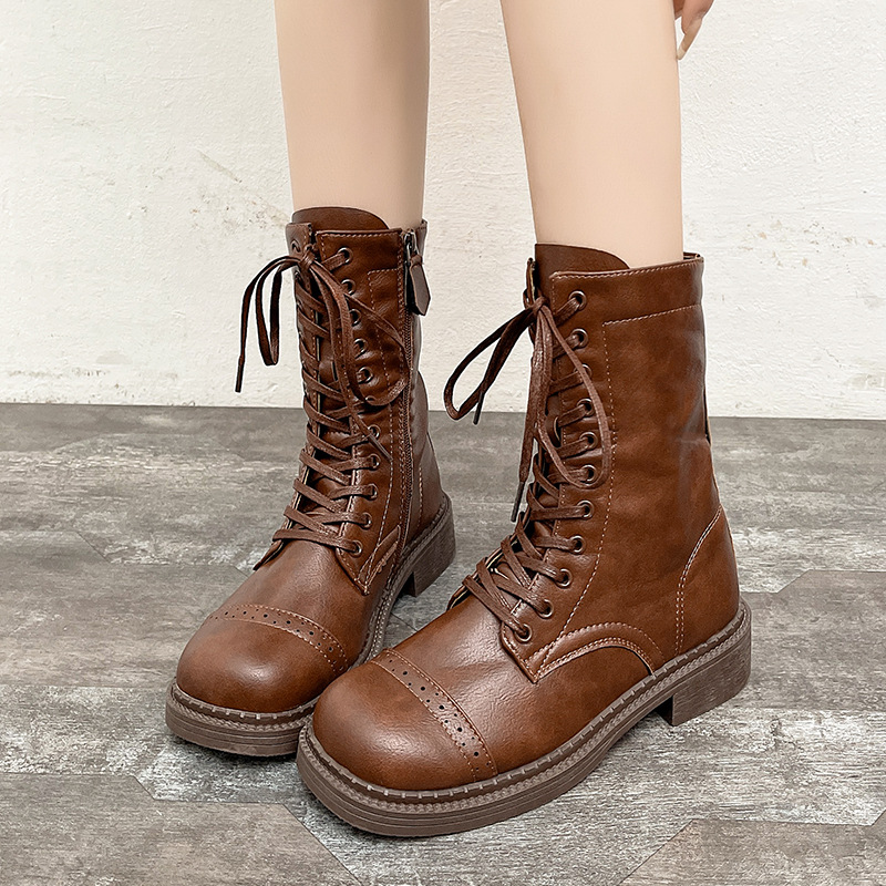 Women Fashion Boots:Retro Style Thick Sole High Heel Increase Height Martin Boots Winter British Style Round Toe,Black/Brown,Free shipping