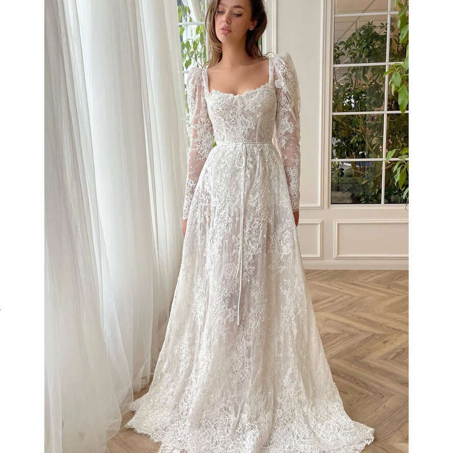 Fashion Lace A E Dresses Square Neck Long Sleeves Wedding Dress Sweep Train Designer Bridal Gowns 0515