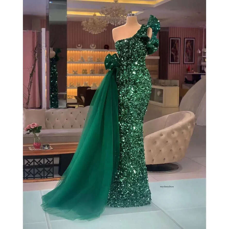 Dark Green Mermaid Evening Dresses Sparkg One Shoulder Sequins Veet Tulle Or Length Prom Dress Pageant Formal Gown Custom Made 0430