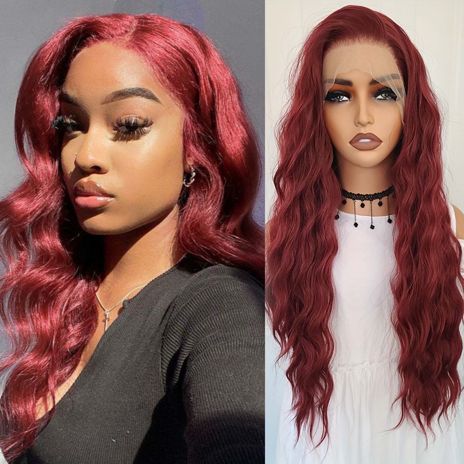 Bury Long Curly Synthetic Lace Front Wig Natural Wavy Deep Wave Dark Red Colored Hair 13X4 Frontal Wigs for Women Party