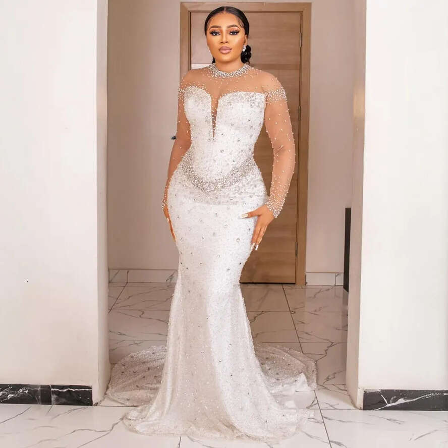 Mermaid Wedding Dress Bride Plus Size Sheer Neck Long Sleeves Lace Beaded Bridal Gowns For African Marriage Black Women With Detachable Train Cdw199 0