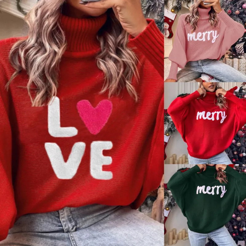 Merry Christmas sweater for women autumn and winter floral long sleeved knitted womens fashionable loose batball sleeve knitted top 241025