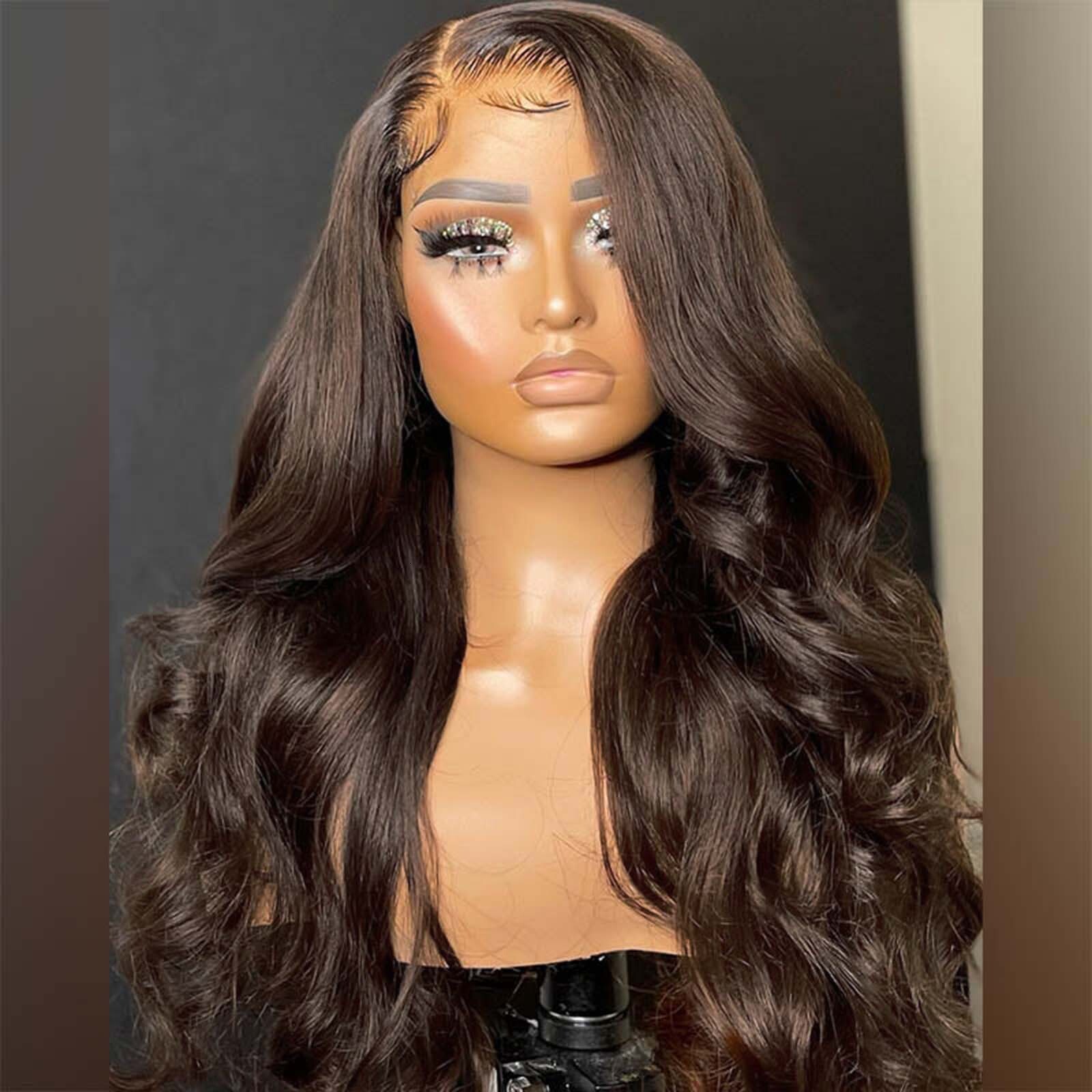 Dark Brown Body Wave Synthetic Lace Front Wig Long Curly Wavy Brunette Colored Hair 13X4 Frontal Wigs for Women Daily Party