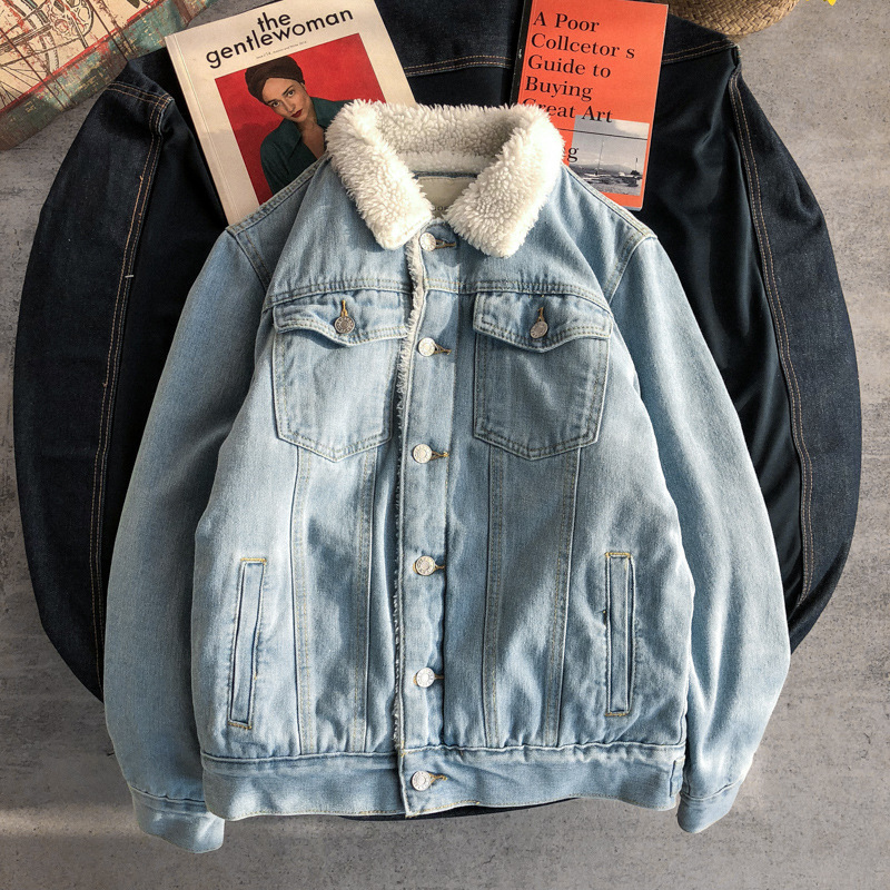 2024 New Designer Autumn/Winter Couple Denim Men's Plush Thickened Warm Leisure Oversized Cotton Jacket Sheep Wool Top Fashionable