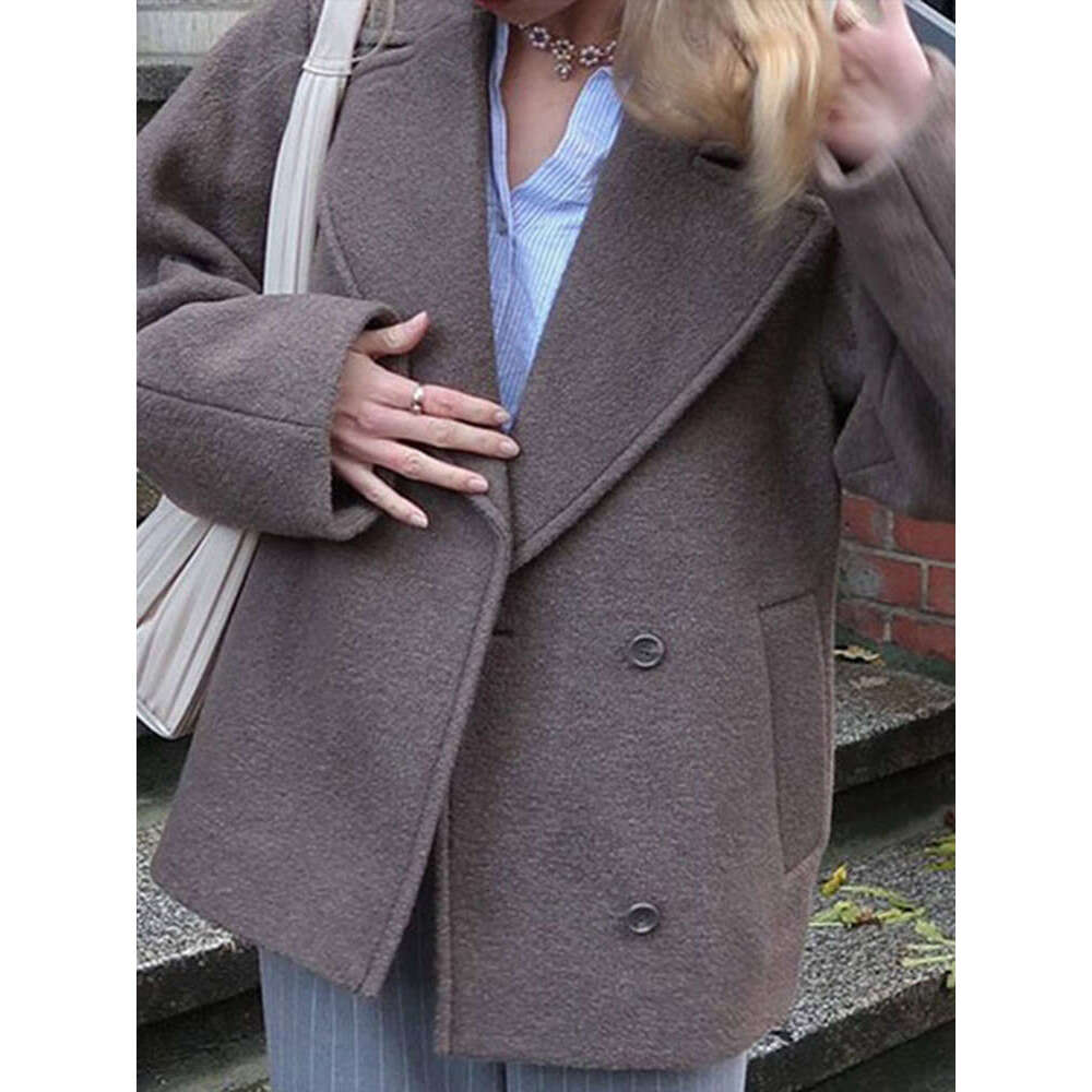 Woolen Solid Women Short Coat Thick Lapel Double Breasted Female Jacket 2024 Autumn Long Sleeve Pocket Lady Blazer Jackets