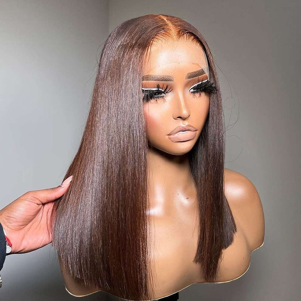 Bob Wigs Human Hair Chocolate Brown Lace Front For Women Lightly Bleached Knot Density