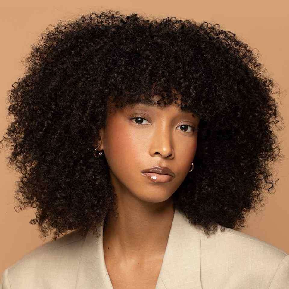 B C Afro Kinky Curly Wig with Bangs Human Hair Full Machine Made NON Lace Density Remy Brazilian Short Bob Wigs