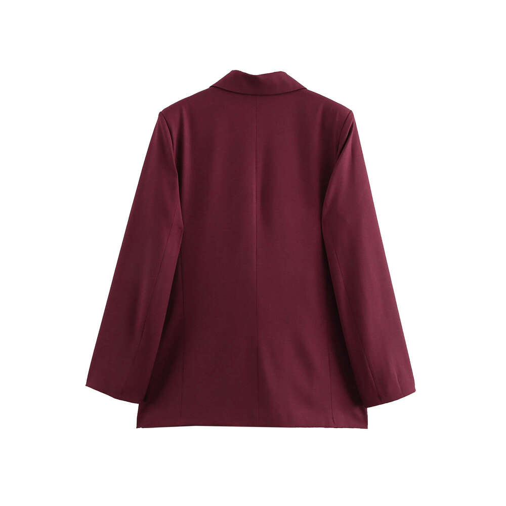 TRAFZA Elegant Red Solid Office Women Lapel Pocket 2024 New Spring Autumn Fashion Old Money Commuter Blazer