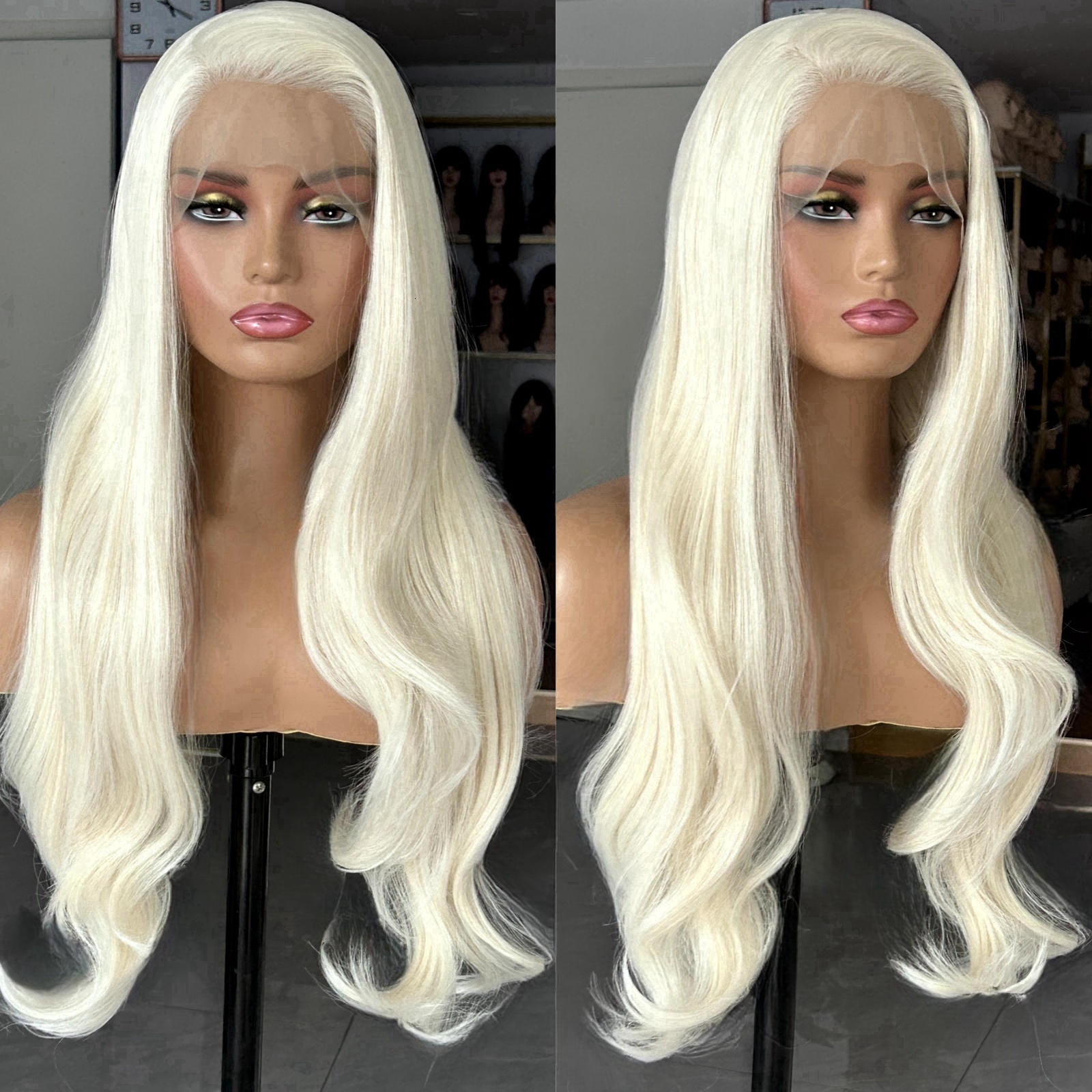 Platinum Blonde Natural Wavy Synthetic Lace Front Wig Long Straight White Colored Hair 13X4 Frontal Wigs for Women Party