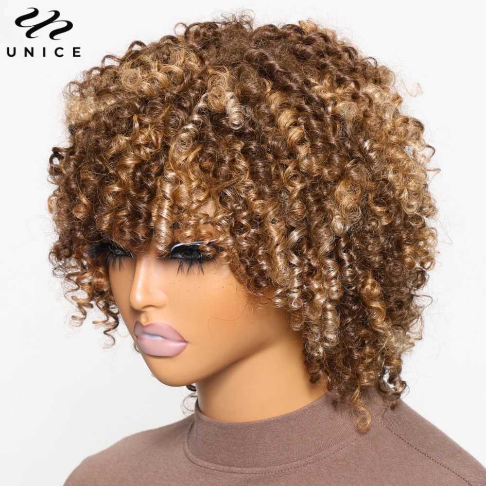 Unice Hair Blonde Highlight quirky curly wig with bangs 100% synthetic short bob wig all male African wig density 150% M241028