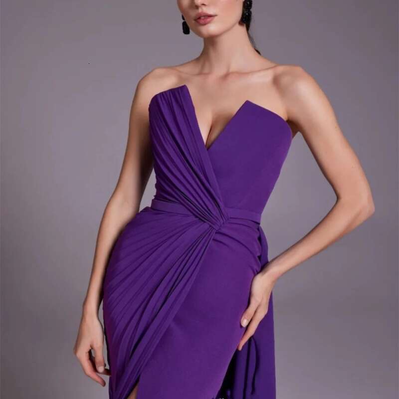 Purple long evening sexy slim fit strapless pleated formal ball Dubai women's party prom dress