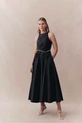 Women Pleated Chest Pearl Beaded Decoration Sleeveless Big Swing Party Midi Long Dress