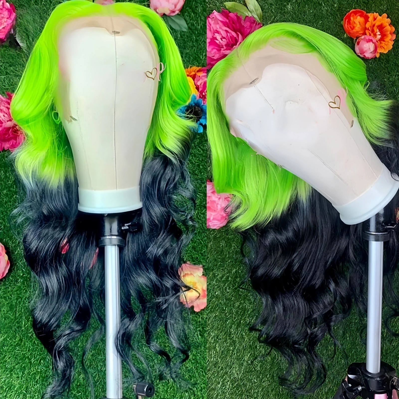 Ombre Green Black Highlight Wig Synthetic Hair Loose Deep Wave Long Curly Wavy 13X4 frontal Colored Wigs for Women Party Cosplay