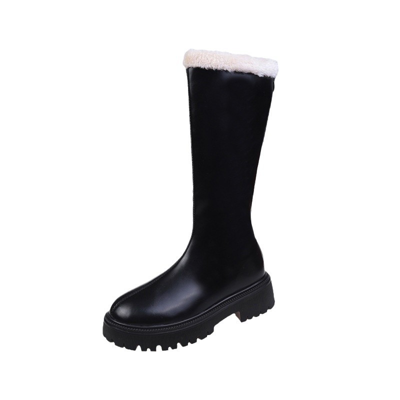 Women Fashion Boots:Thick Sole Winter Trendy Wear Fleece Warm Simple Design Versatile Comfort,Black/Beige,Free shipping