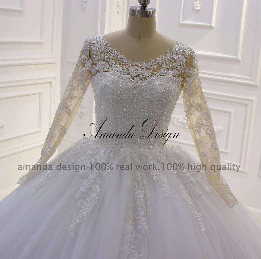 Amanda Design vestido novia playa Long Sleeve Lace Appliqued Wedding Gown for Bride