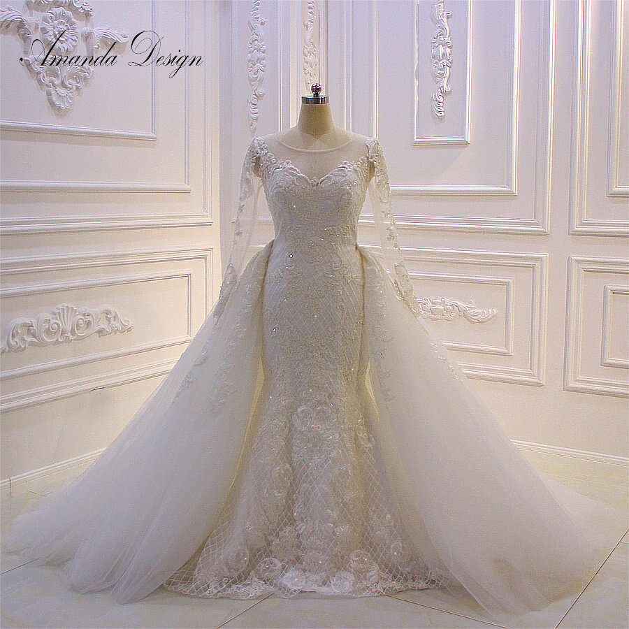 Amanda Design abendkleider Full Sleeve Lace Applique Pearls Mermaid Wedding Dress with Detachable Skirt