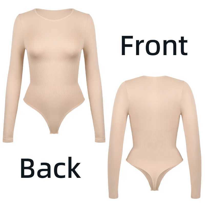 Long Sleeve Bodysuits Shapewear for Women Seamless Waist O Neck BodySuit Stretch Basic T Shirt Tops Thong Shaper CorsetsXJ241028