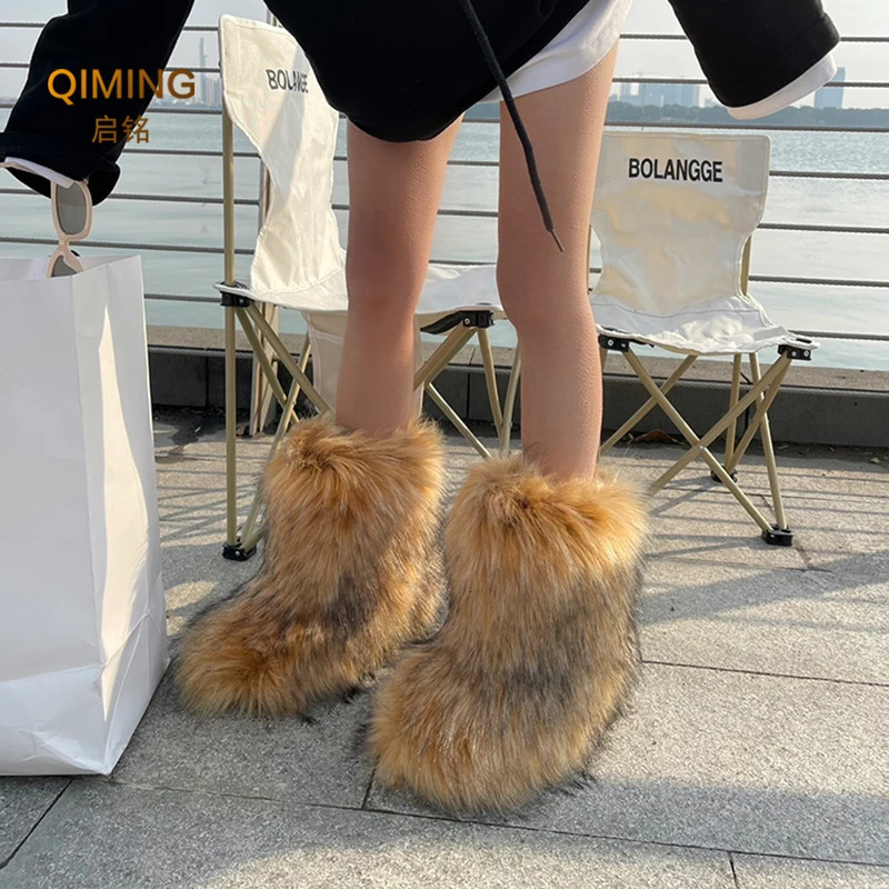Winter Women Fluffy Faux Fox Fur Boots Woman Plush Warm Snow Boots Footwear Girls Furry Fur Bottes Fashion Winter Shoe 241028