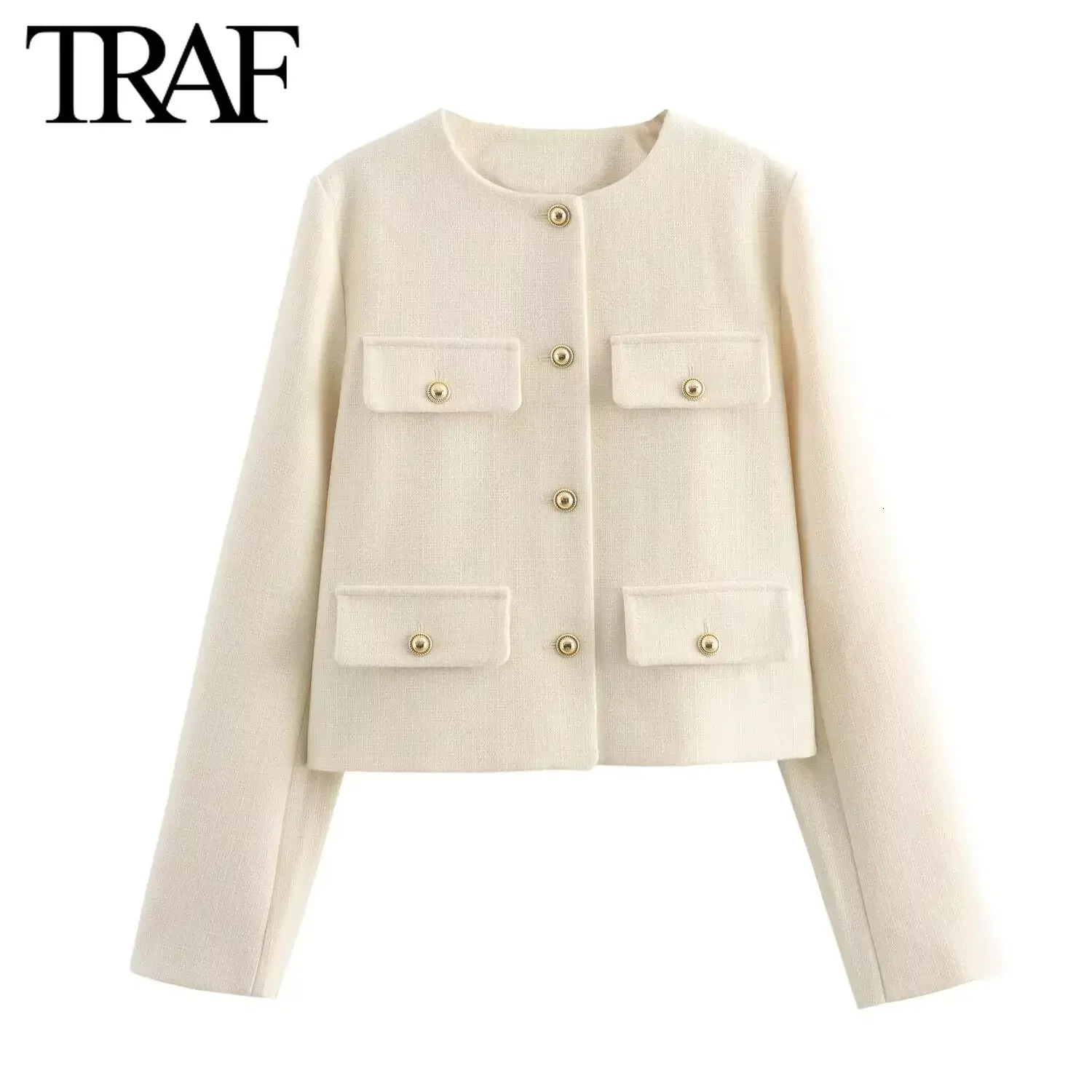 TRAF Women Fashion Autumn Winter Singlebreasted Textured Round Neck Flip Pocket Short Jacket Coat Chic Ladies Tops Mujer 241024
