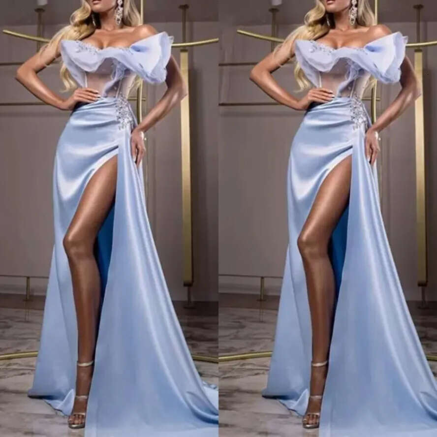 2022 New Year Lavender Mermaid Evening Dresses Off Shoulder Thigh-High Slits Sweep Train Ruffles Illusion Formal See Through Prom Party Gowns Celebrit