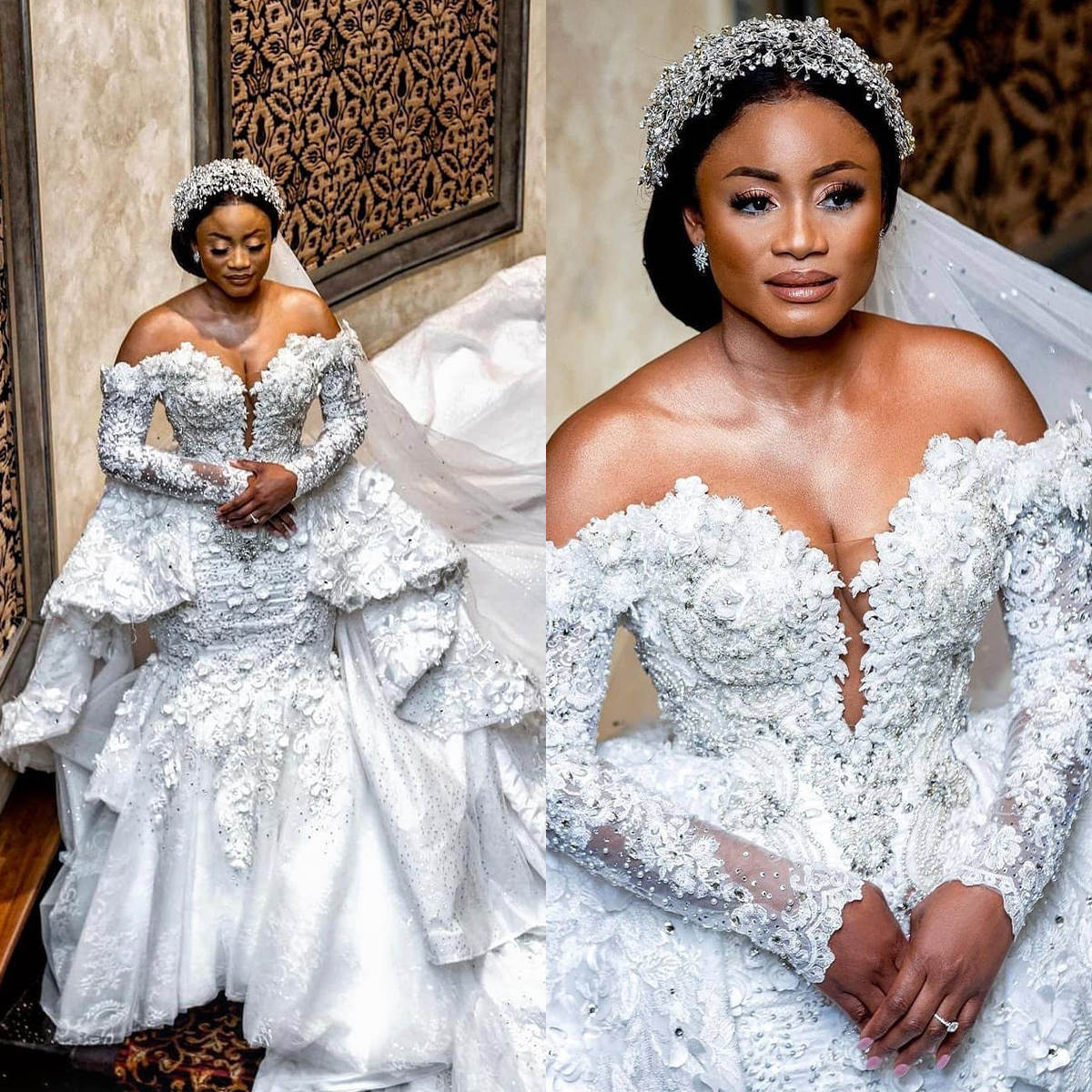 ful Off The Shoulder Mermaid Wedding Women Beading ral Applique Bride Dresses Ruched Train Bridal Gown