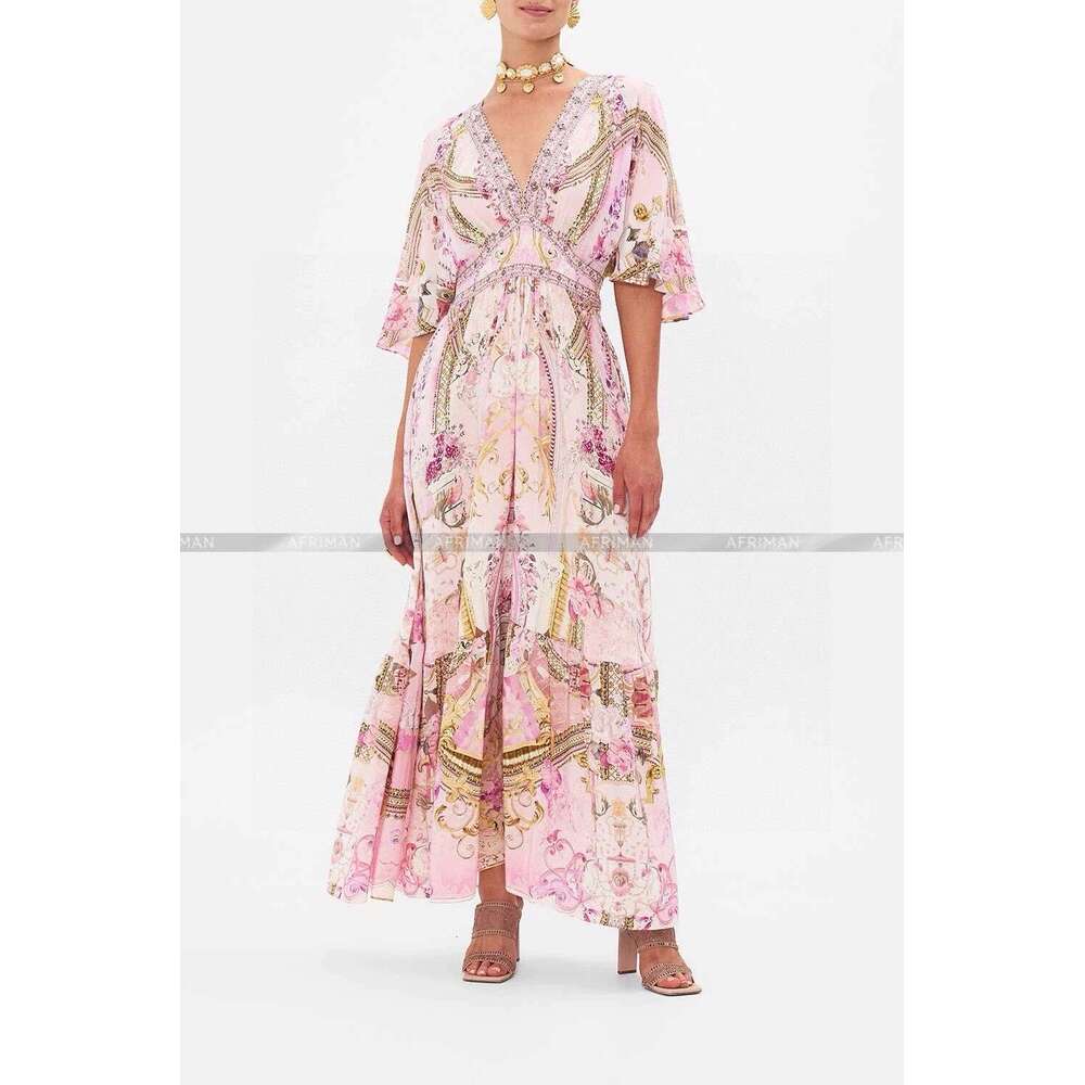 Women V Neck Crystal Beaded Short Flare Sleeve Pink Wer Print 100% Silk Maxi Long Dress