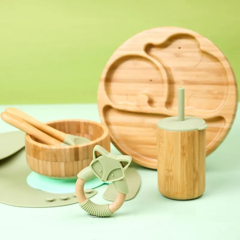 Baby Tableware Set Feeding Bowl Dinner Plate Cup Bibs Spoon Fork Bamboo Wooden Childrens Feeding Dishes Sets BPA Free Non-Slip 241028
