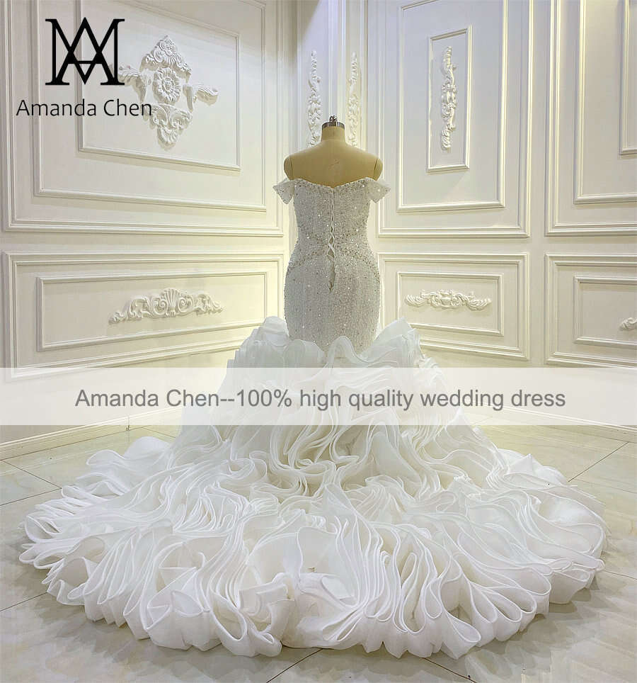 Amanda Novias Off Shoulder Handwork Beading Ruffle Mermaid Wedding Dress