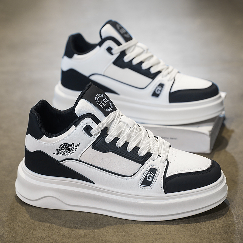 Autumn and Winter New Men's Thick Bottom Student Skateboarding Shoes Versatile Mid Top Sports and Leisure Shoes Leather Face Trendy Men's Sh