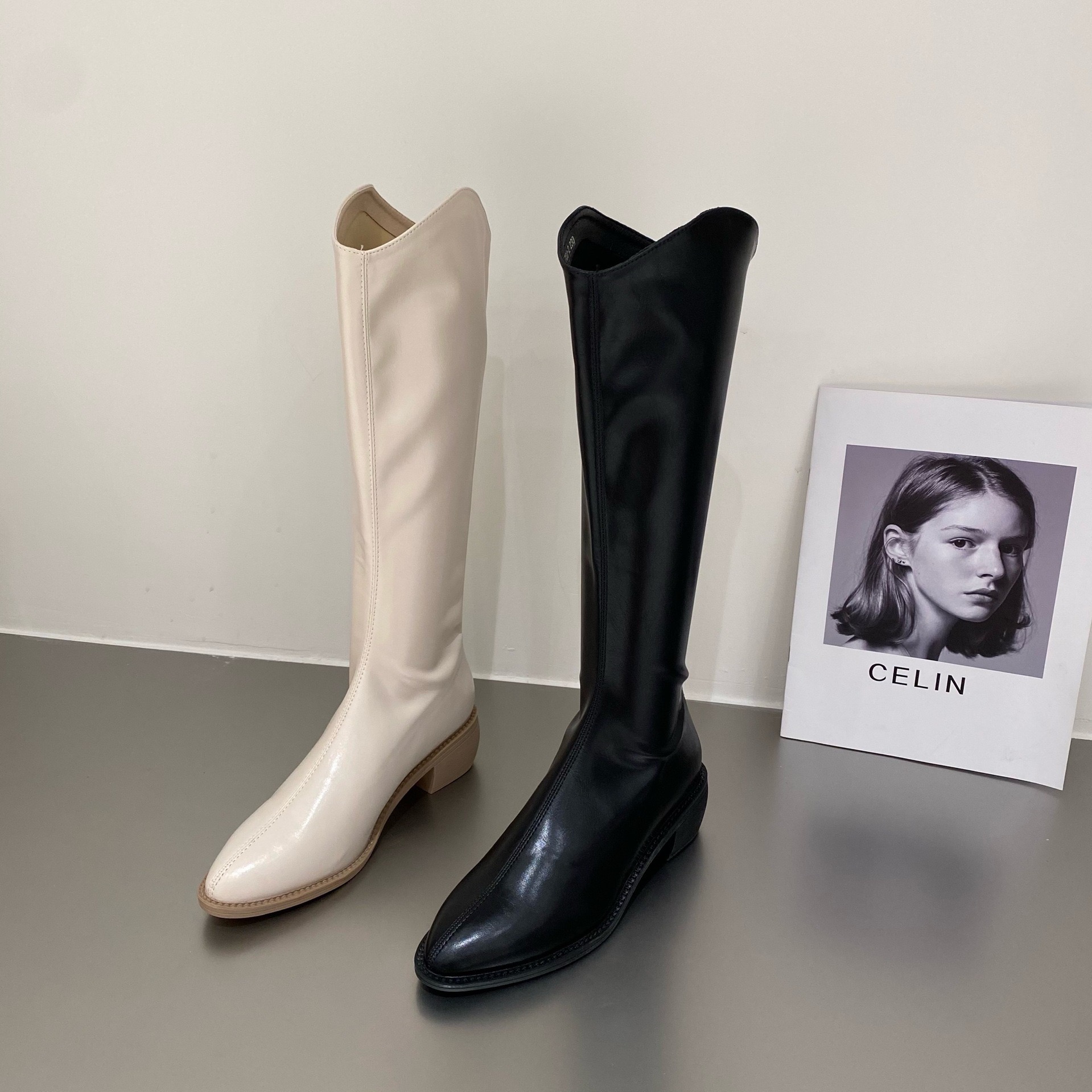 2025 new Boots Ladies Western Middle Heel Shoes For Women Pointed Toe Footwear Winter Knee High Shaft Punk Long With Stylish