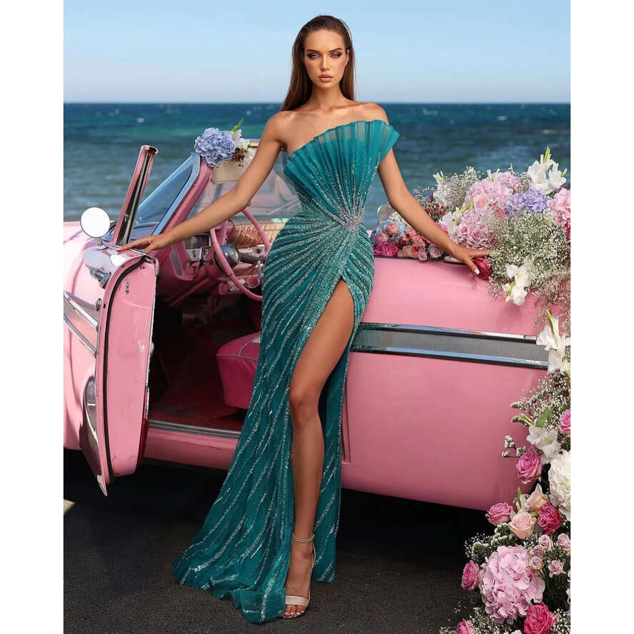 Tail Blue Mermaid Evening Dresses Strapless Party Prom Split Pleats Crystal Beads Formal Long Red Carpet Dress For Special Ocn 0515