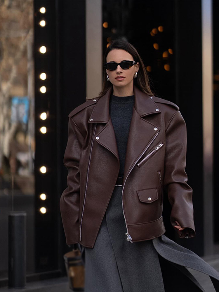 Retro Leather Turndown Collar Women's Jacket Fashion Casual Loose Long Sleeve Zipper Jackets New Autumn Vintage Solid Color Coat