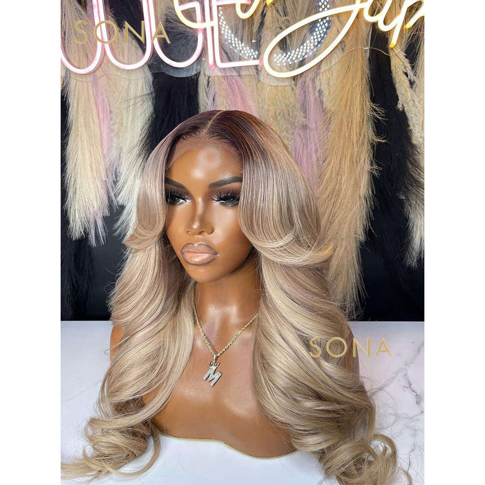 x HD Transparent Lace Frontal Wig Human Hair Ombre Ash Honey Blonde X Front With Dark Root