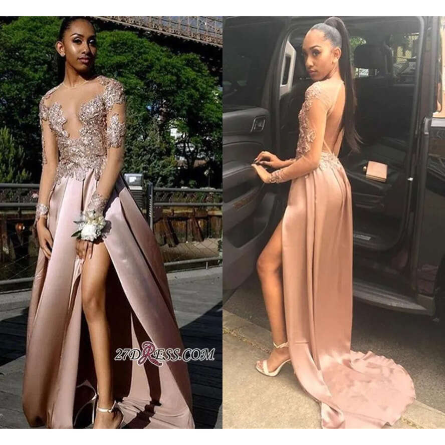 New Appliqued A-E Prom Dress Vintage Backless Lace Long Sleeve Formal Party Ball Gown Custom Made Bc1767