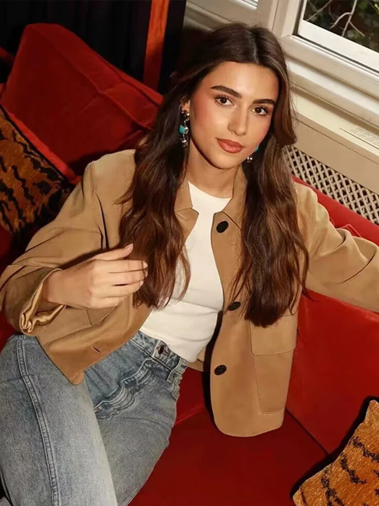 Autumn artificial suede womens jacket fashion lapel single chest short sleeved pocket womens jacket womens jacket 241025