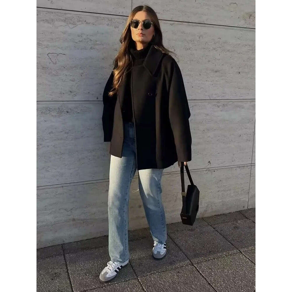Single-Breasted Lapel Women Coat Woolen Long Sleeve Pockets Jacket Female 2024 Autumn Winter Elegant Casual Lady Tops