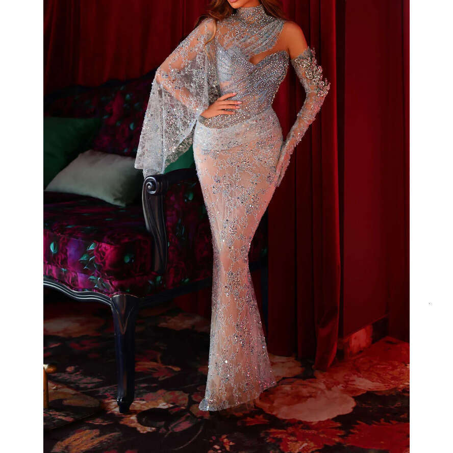 3D Lace Column Prom High Neck Long Sleeve Or Length Wers Pattern Appliques Beaded Crystal Celebrity Evening Dresses Plus Size Custom Made 0603