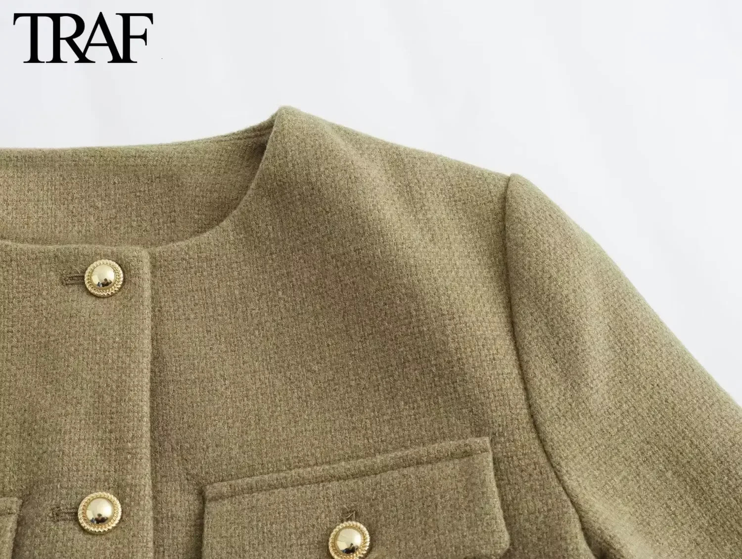 TRAF Women Fashion Autumn Winter Singlebreasted Textured Round Neck Flip Pocket Short Jacket Coat Chic Ladies Tops Mujer 241024