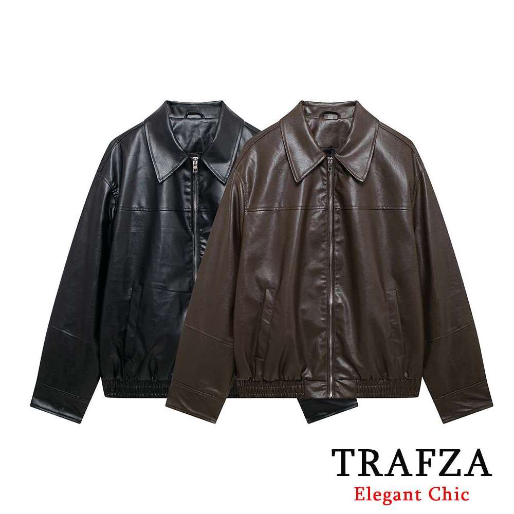 TRAFZA Women Fashion Vintage PU Leather Zipper Pockets Ed Jacket New 2024 Autumn Winter Pilot Commuter Loose Coat