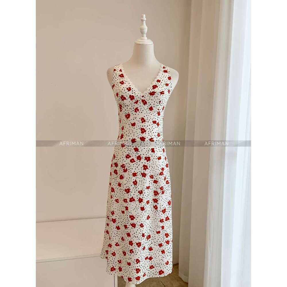 Women New French Style 100% Silk Saffron Print Lace Patchwork V Neck Sleeveless Slim Fit Seaside Vacation Dress