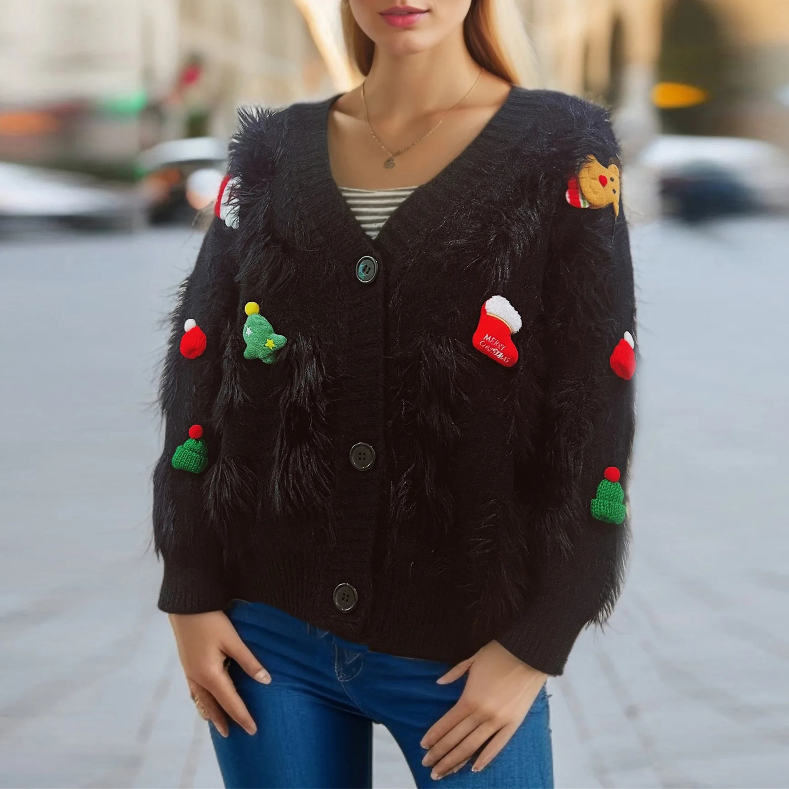 Sweet Year Christmas faux mink cute decoration single chest cardigan jacket autumn winter festival Versatile Top 241025