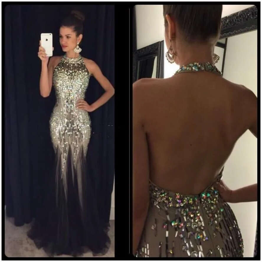 Stunning Crystal Long Prom Rhie Party Dress Evening Gowns Sexy Backless Halter Necke Vestidos Sequins Graduation Dresses 0510