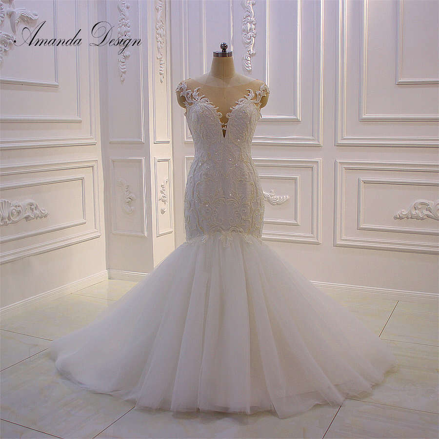 Amanda Design vestido novia playa Cap Sleeve Lace Appliqued Pearls Mermaid Wedding Dress