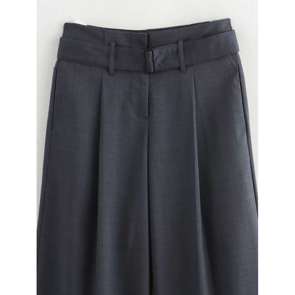 TRAFZA Elegant Straight-Leg Trouser Women's Belted Solid Simple With Belt New 2024 Spring Fall Fashion Commuter Casual Pant