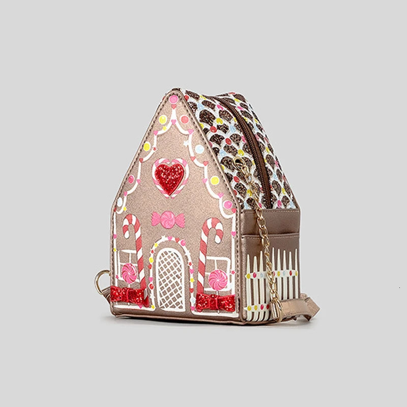 Creative Gingerbread House Shaped Crossbody Bag for Women Love Hearts Bow Deco Rhinestone Shoulder Bags Funny Cute Chains Purses 241025