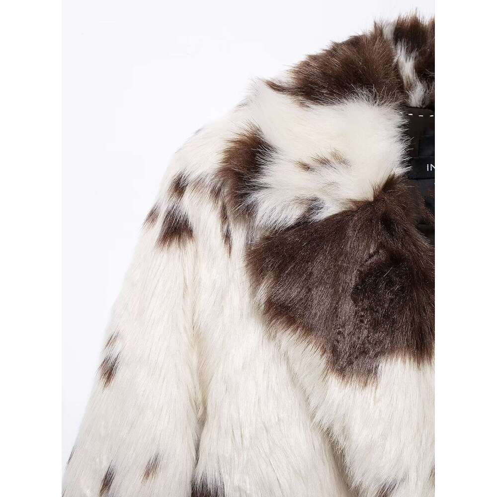 TRAFZA Vintage Fall Winter Faux Fur Women's Animal Pattern Lapel Long New 2024 Fashion High Street Y2k Coat
