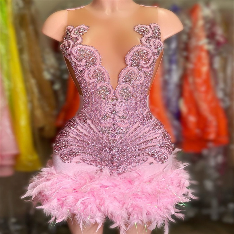 Luxury Pink Feather Prom Dresses Mini Short Black Girls African Evening Gowns Sexy See Through Fifteen Holiday Birthday Party Dress Formal Occasion Ve