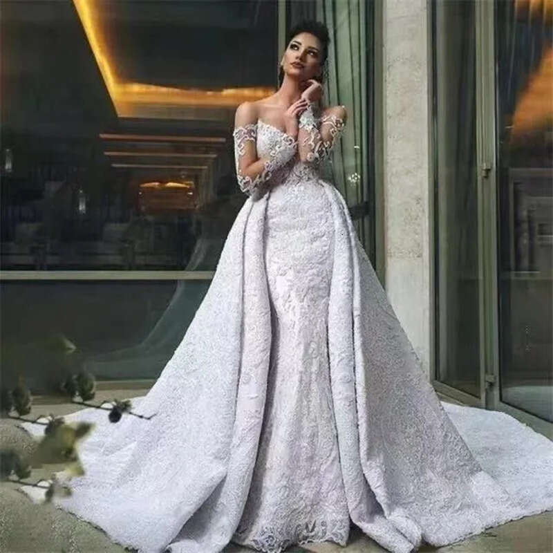 2022 Elegant Full Lace Mermaid Wedding Gowns With Detachable Train Off The Shoulder Beaded Appliqued Bridal Gown Custom Made Robe De