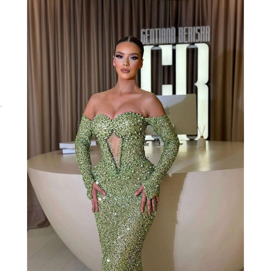 Green Sequins Mermaid Evening Dresses Off Shoulder Keyhole Neck Pearls Party Prom Formal Long Red Carpet Dress For Special Ocn 0515